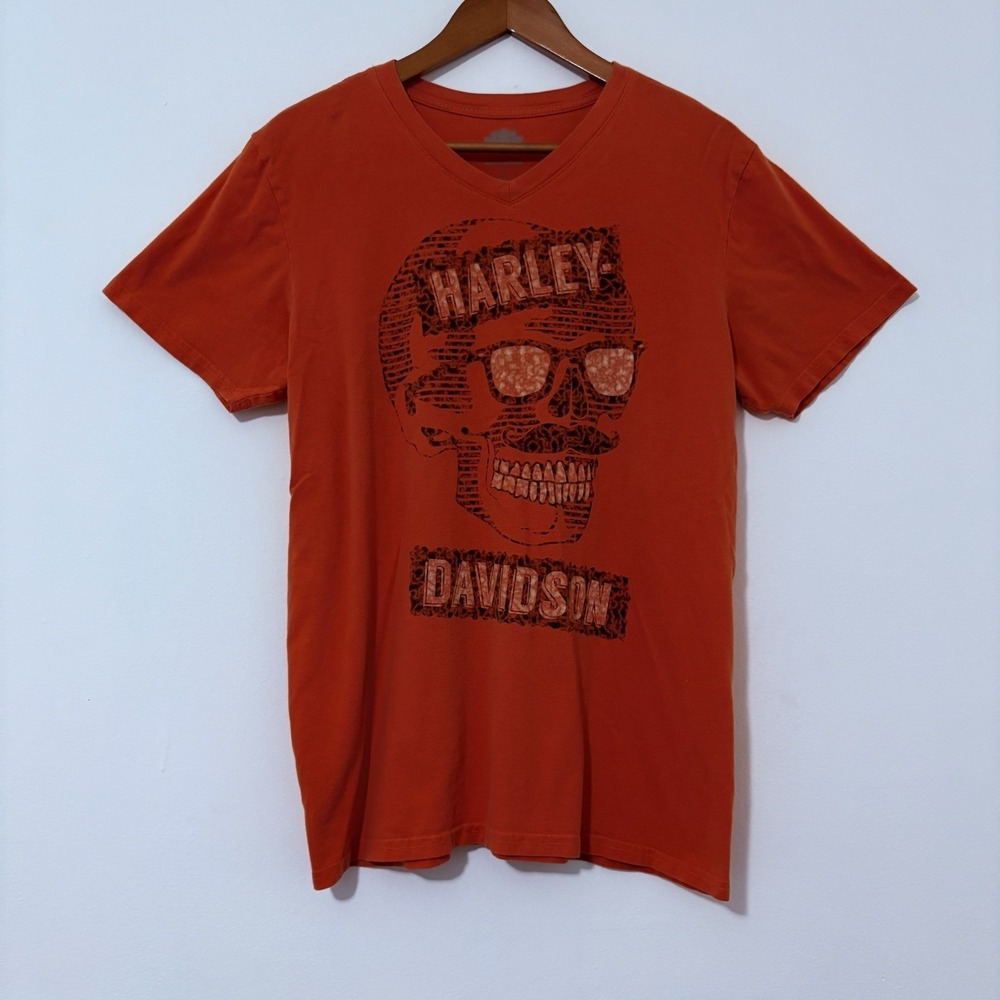 Harley Davidson Skull Graphic Print T Shirt Womens Large Crew Neck  Orange